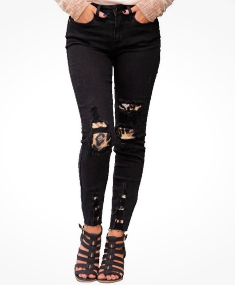 Judy Blue Black Magic Leopard Distressed Mid-Rise Skinny Jeans Sz 9/29 82168 BK